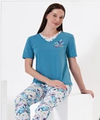 Miss Klein Kadın V Yaka Pamuklu Likralı Kısa Kol Pijama Takımı 1109 - 1 Adet  M Mavi - 1