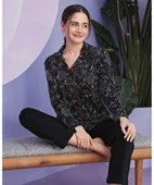 Miss Klein Kadın Büyük Beden Gömlek Yaka Pamuklu Likralı Uzun Kol Pijama Takımı 1140 - 1 Adet  Siyah 2XL - 2