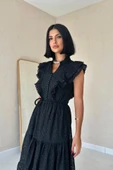 Siyah Fırfırlı Düğmeli Elbise - 3