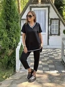 Kadın Kısa Kollu V Yakalı Iki Iplik Bluz Ve Pantolon Ikili Takım - 3