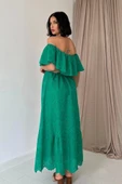 Yeşil Omzu Lastikli Brode Elbise - 4