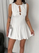 Göğüs Bağlamalı Kolsuz Mini Boy Elbise - Beyaz - 1