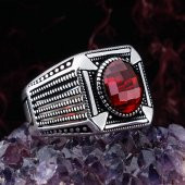 Yuvarlak Kırmızı Zirkon Taşlı 925 Ayar Gümüş Erkek Yüzük thumbnail 1