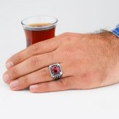 Yuvarlak Kırmızı Zirkon Taşlı 925 Ayar Gümüş Erkek Yüzük thumbnail 2