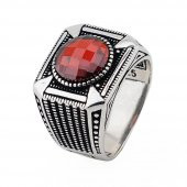 Yuvarlak Kırmızı Zirkon Taşlı 925 Ayar Gümüş Erkek Yüzük thumbnail 3