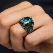 Gümüş Mavi Fasetli Taşlı Erkek Yüzük - 3