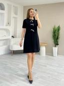 Kadın Kısa Kollu Bisiklet Yaka önden Fiyonk Detaylı Ithal Krep Elbise - 4