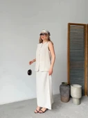 Keten Kolsuz Hırka Etek Ikili Takım- Beyaz - 1