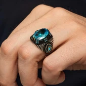 Gümüş Mavi Fasetli Taşlı Erkek Yüzük - 5