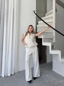 Keten Tam Fermuarlı Kolsuz Ceket Pantolon Ikili Takım- Beyaz - 3