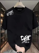 Baskılı Oversize Bisiklet Yaka T-shirt - Siyah - 1