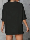 Baskılı Oversize Bisiklet Yaka T-shirt - Siyah - 4