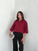 Crop Yakalı Gömlek Üç Çeyrek Sleeve Kol - Bordo - 4