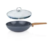 Schafer Seramik Wok Tava 28 CM Yanmaz Yapışmaz Yüzey Cam Kapaklı - 1