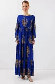 2145 Desenli Tesettür Elbise - Saks - 3