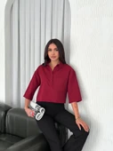 Crop Yakalı Gömlek Üç Çeyrek Sleeve Kol - Bordo - 2
