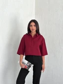 Crop Yakalı Gömlek Üç Çeyrek Sleeve Kol - Bordo - 3