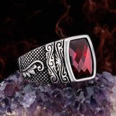 Oval Dikdörtgen Kırmızı Zirkon Taşlı 925 Ayar Gümüş Erkek Yüzük thumbnail 1