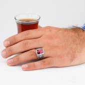 Oval Dikdörtgen Kırmızı Zirkon Taşlı 925 Ayar Gümüş Erkek Yüzük thumbnail 2