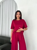 Osy Modal Yumuşak Dokulu Kumaş Bisiklet Yaka T-shirt Bol Paça Pantalon Ikili Takım -Bordo - 2