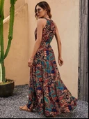 Kadın Kolsuz Halter Yaka Beli Lastikliotantik Desenli Mikro Kumaş Elbise - 3