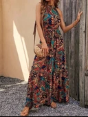 Kadın Kolsuz Halter Yaka Beli Lastikliotantik Desenli Mikro Kumaş Elbise - 2