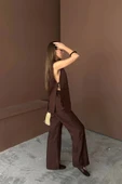 YAKA MİDYE KABUĞU SIRALI YELEK - PANTOLON  TAKIM KETEN KUMAŞ - Kahverengi - 3
