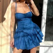 Kadın Kot Kumaş Göğüs Glop Detaylı Sırt Fermuarlı Mini Boy Elbise - 3