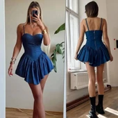 Kadın Kot Kumaş Göğüs Glop Detaylı Sırt Fermuarlı Mini Boy Elbise - 4
