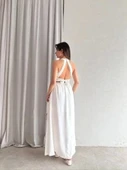 Kadın Krinkil Kumaş Beli Gipeli Halter Yaka Maxi Boy Elbise - 2
