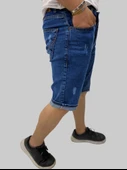 Erkek Sers Denim Pamuklu Slim Fit Mavi Tırtıklı Kot Kapri - 2