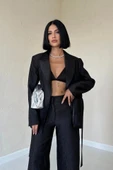 Siyah Beli Kuşaklı Ceket Ve Pantolon Parlak Takım - 2