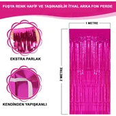 Ekstra Metalize Parlak Saçaklı Arka Fon Perde Fuşya - 1
