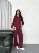 Yakalı Düğmeli Uzun Kollu Gömlek Pantolon Ikili Takım - Bordo - 4
