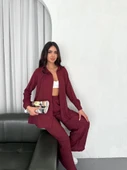 Yakalı Düğmeli Uzun Kollu Gömlek Pantolon Ikili Takım - Bordo - 1