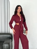 Yakalı Düğmeli Uzun Kollu Gömlek Pantolon Ikili Takım - Bordo - 3