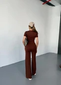 Osy Modal Yumuşak Dokulu Kumaş Kısa Kollu Crop Rahat Pantalon Ikili Takım - Kahverengi - 2