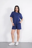 Osy Modal Yumuşak Dokulu Kumaş Bisiklet Yaka T-shirt Kısa Şort İkili Takım - Mavi - 4