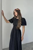 Siyah Balon Kol Kuşaklı Elbise - 4