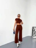 Osy Modal Yumuşak Dokulu Kumaş Kısa Kollu Crop Alt Ispanyol Paça Pantalon Ikili Takım - Kahverengi - 1