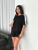 Osy Modal Yumuşak Dokulu Kumaş Parçalı Bisiklet Yaka T-shirt Kısa Şort İkili Takım - Siyah - 3