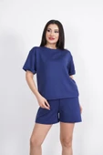 Osy Modal Yumuşak Dokulu Kumaş Bisiklet Yaka T-shirt Kısa Şort İkili Takım - Mavi - 3