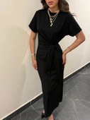Kadın Kısa Kollu Bisiklet Yaka Yandan Bağlamalı Viskon Iki Iplik Elbise - 3