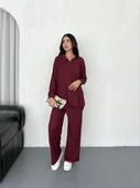 Yakalı Düğmeli Uzun Kollu Gömlek Pantolon Ikili Takım - Bordo - 2