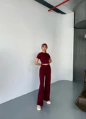 Osy Modal Yumuşak Dokulu Kumaş Kısa Kollu Crop Rahat Pantalon Ikili Takım - Bordo - 1