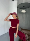 Osy Modal Yumuşak Dokulu Kumaş Kısa Kollu Crop Rahat Pantalon Ikili Takım - Bordo - 4