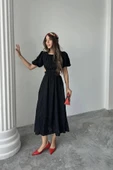 Siyah Balon Kol Kuşaklı Elbise - 2