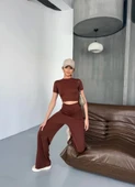 Osy Modal Yumuşak Dokulu Kumaş Kısa Kollu Crop Rahat Pantalon Ikili Takım - Kahverengi - 4