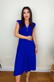 Kadın Kısa Kollu Kruvaze Yakalı Bel Korsajı Buzgulu Midi Janjan Krep Elbise - 4