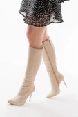LS-226 Bej Süet Fermuarlı Lastikli İnce Yüksek Topuklu Kadın Çizme thumbnail 4